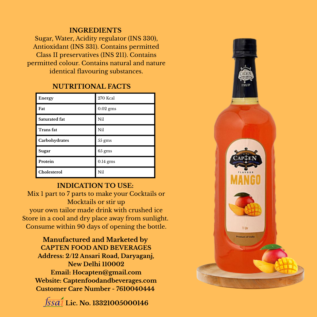 CAPTEN Mango Syrup | 1L Bottle, Mixer for Fruit Shakes, MilkShakes, Raas, Falooda, Mocktails, Cocktails, Drinks, Juices, Beverages - Image 4