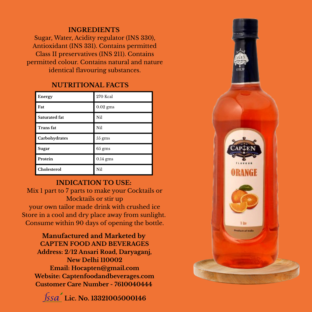 CAPTEN Orange Syrup, 1L Bottle | Mixer for Fruit Shakes, Falooda, Mocktails, Cocktails, Drinks, Juices, Beverages - Image 4