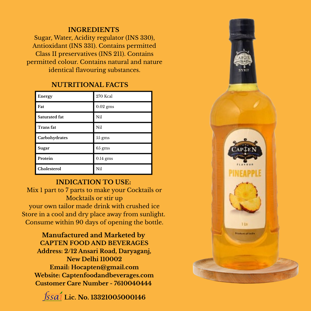 CAPTEN Pineapple Syrup | Fruit Mixer for Mocktails, Cocktails, Drinks, Juices, Beverages | Non Alcoholic Mix 1L Bottle - Image 4
