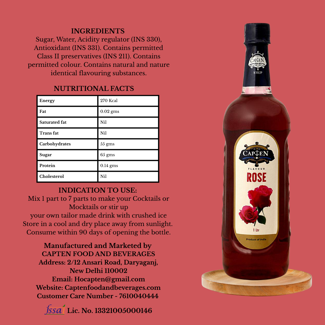 CAPTEN Rose Sharbat Syrup 1L | Mixer for Milkshake, Rose Milk, Falooda, Mocktails, Cocktails, Drinks, Juices, Beverages | 1000ML Bottle - Image 4